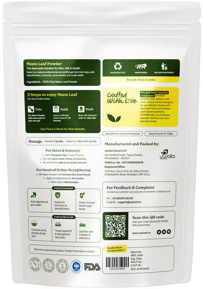 MYHERB 100% Natural Neem Leaf Powder || 227 Gm/0.5 Lbs || Healthy Hair & Hair Cleanser || Skin Face Packs || For Man And Women