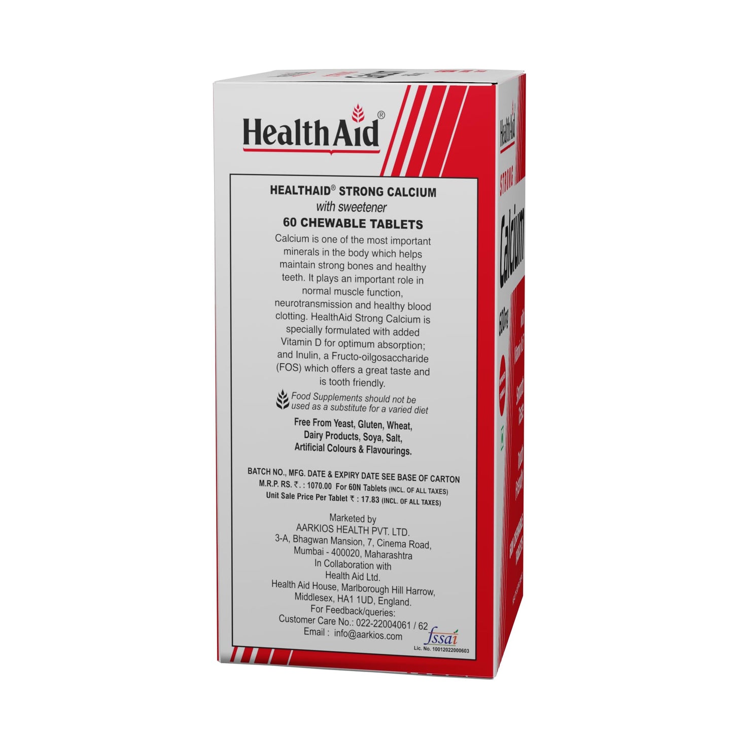 HealthAid Strong Calcium 600 mg with Vitamin D3 & Vitamin K2-7 | Chewable Calcium Supplement for Men & Women | Supports Strong Bones, Teeth, Joints & Muscles | 60 Tablets(Pack of 2)