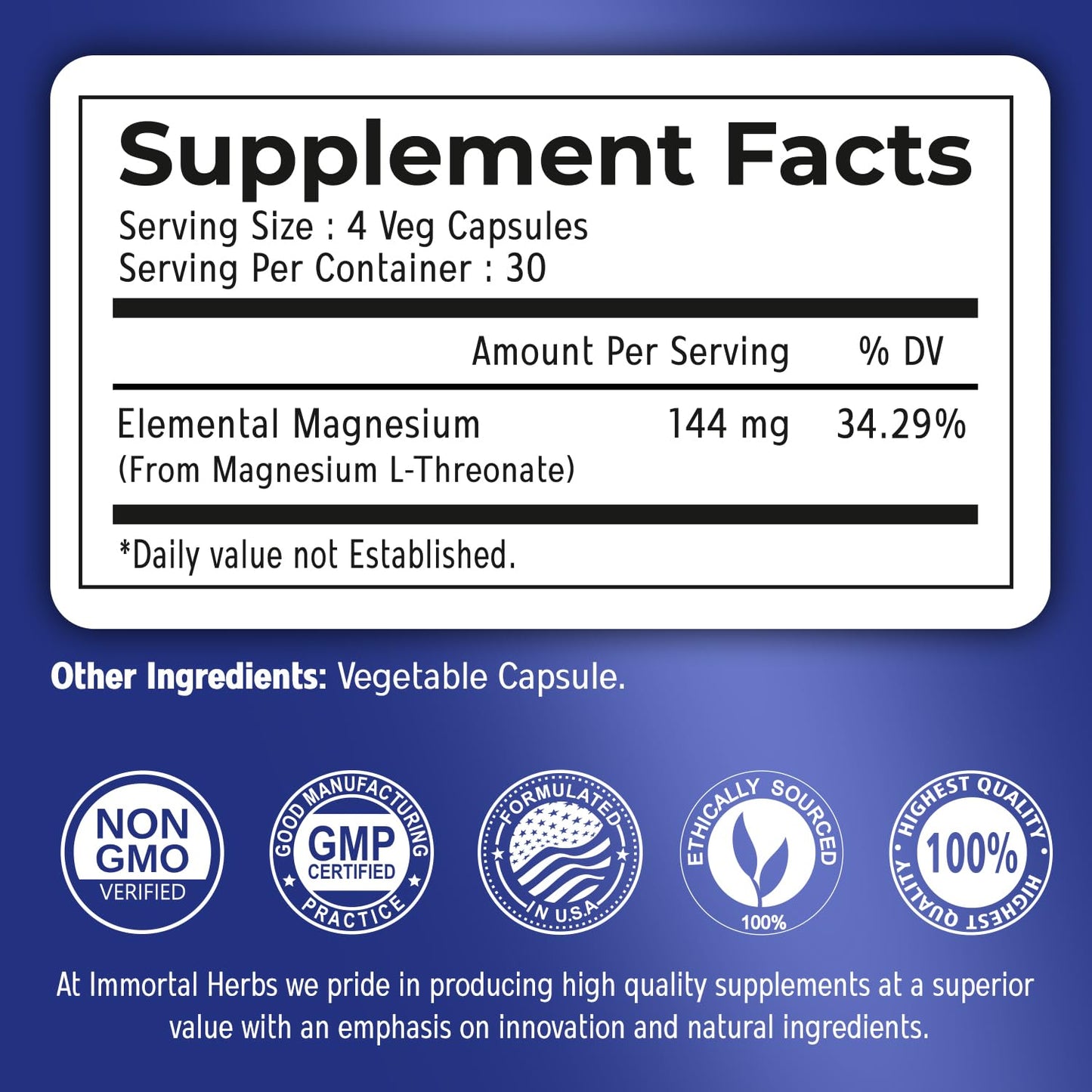 Immortal Herbs Pure Magnesium L-Threonate Capsules, Chelated, High Absorption, 120 Pills w/Elemental Magnesium Powder, Non-GMO & Gluten Free L-Threonate Supplement for Women and Men