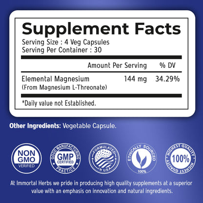 Immortal Herbs Pure Magnesium L-Threonate Capsules, Chelated, High Absorption, 120 Pills w/Elemental Magnesium Powder, Non-GMO & Gluten Free L-Threonate Supplement for Women and Men