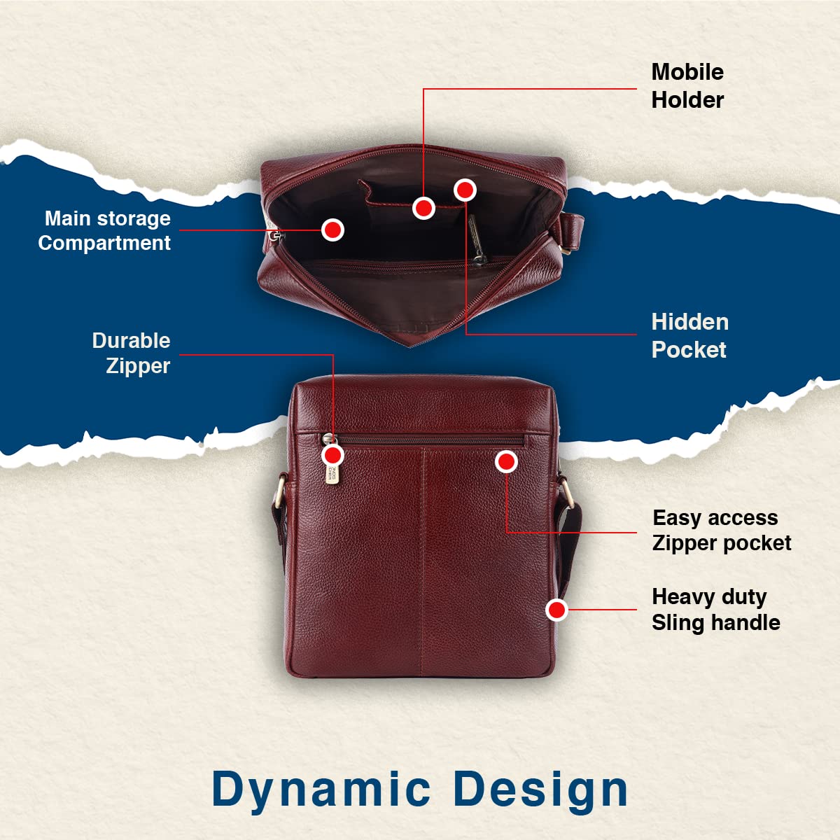HAMMONDS Flycatcher Genuine Leather Sling Bag, Stylish and Spacious Side Bag, Crossbody Bag for Daily Use, Travel, Adjustable Strap, 1 Year Warranty - Brown