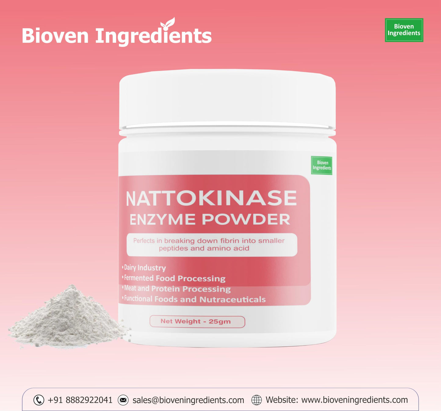 Bioven Ingredients Nattokinase Enzyme Powder Non-GMO, Dietary Supplements/Food and Beverages, Broad pH Range of Activity, Excellent Thermostability, Hydrolyse Fibrin, No Filters/Binder