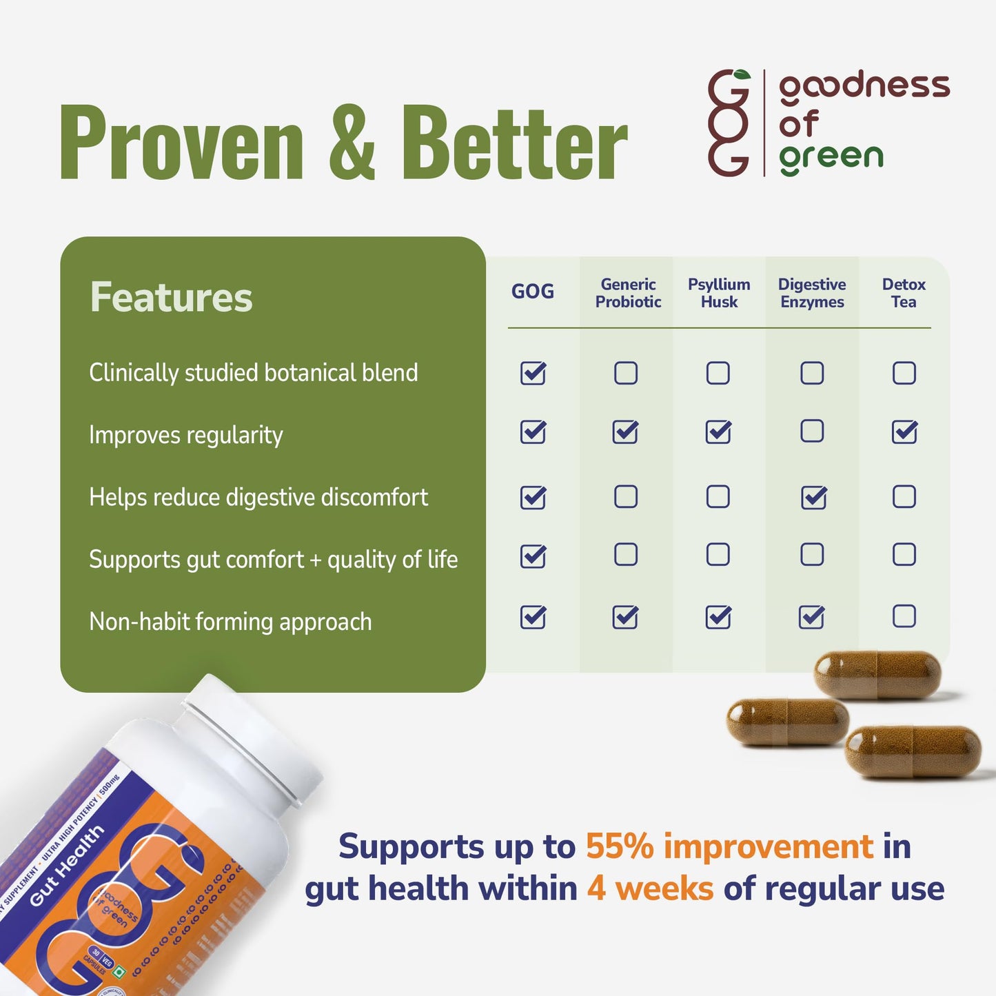 Goodness of Green Gut Health Capsules, 14 Powerful Herbs, Supports Smooth Digestion, Reduces Gas & Bloating, Improves Nutrient Absorption, and Strengthens Gut Immunity, 30 Veg Capsules