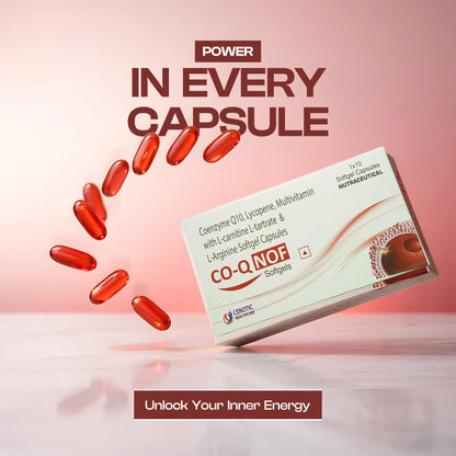 CO-Q NOF Coenzyme Q10 100mg with Selenium 40mcg Softgel Capsules with L-Carnitine, L-Arginine, Lycopene & Multivitamins | Antioxidant for Energy, Fertility, Heart & Cellular Health | 10 Softgels