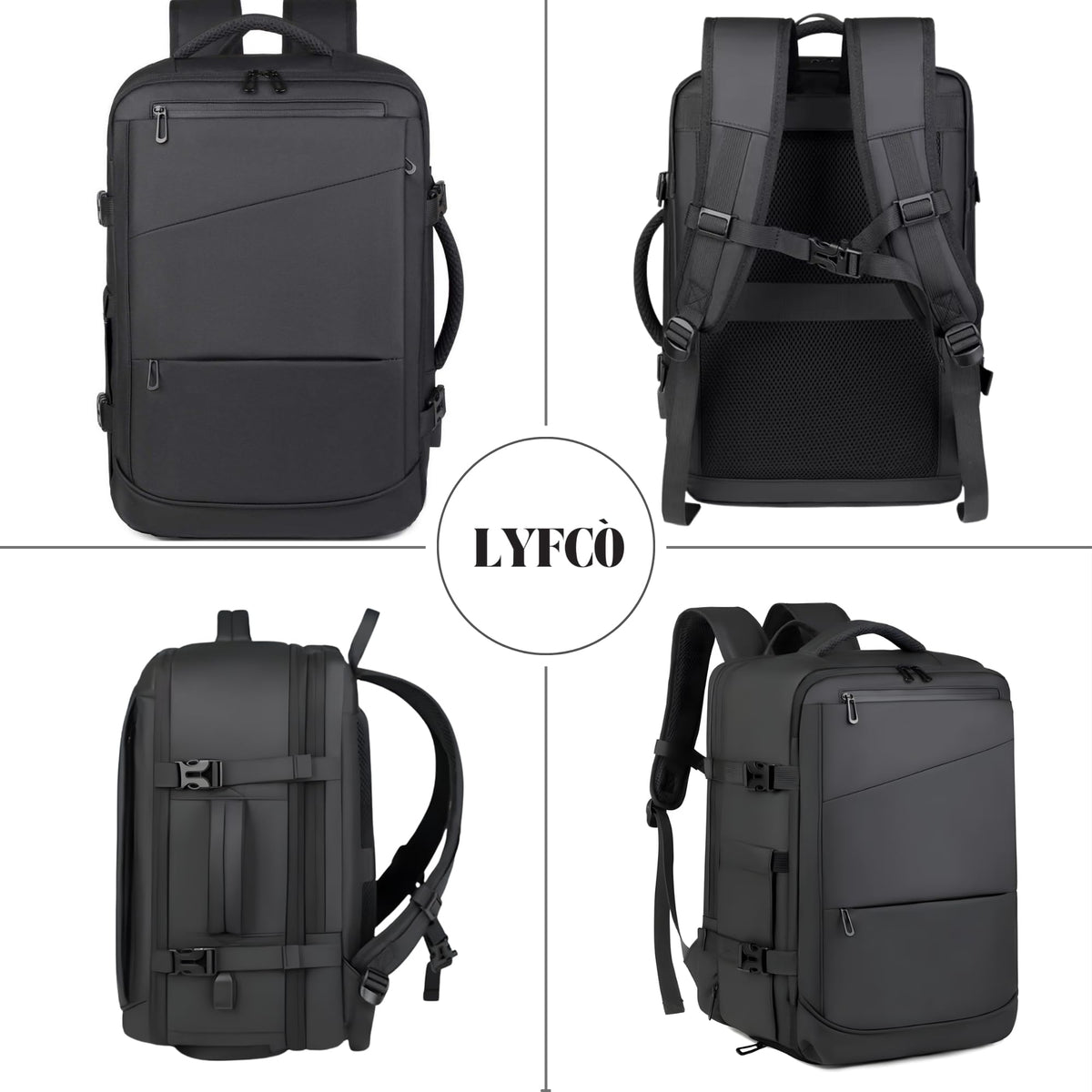 LYFCO Expandable Travel Backpack - Black | For Men & Women | Large Capacity Laptop Bag | Waterproof Oxford Fabric | Shoe Compartment, Wet-Dry Separation & USB Charging | Business & Travel Backpack
