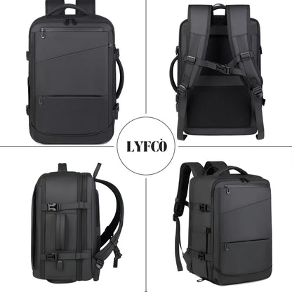 LYFCO Expandable Travel Backpack - Black | For Men & Women | Large Capacity Laptop Bag | Waterproof Oxford Fabric | Shoe Compartment, Wet-Dry Separation & USB Charging | Business & Travel Backpack