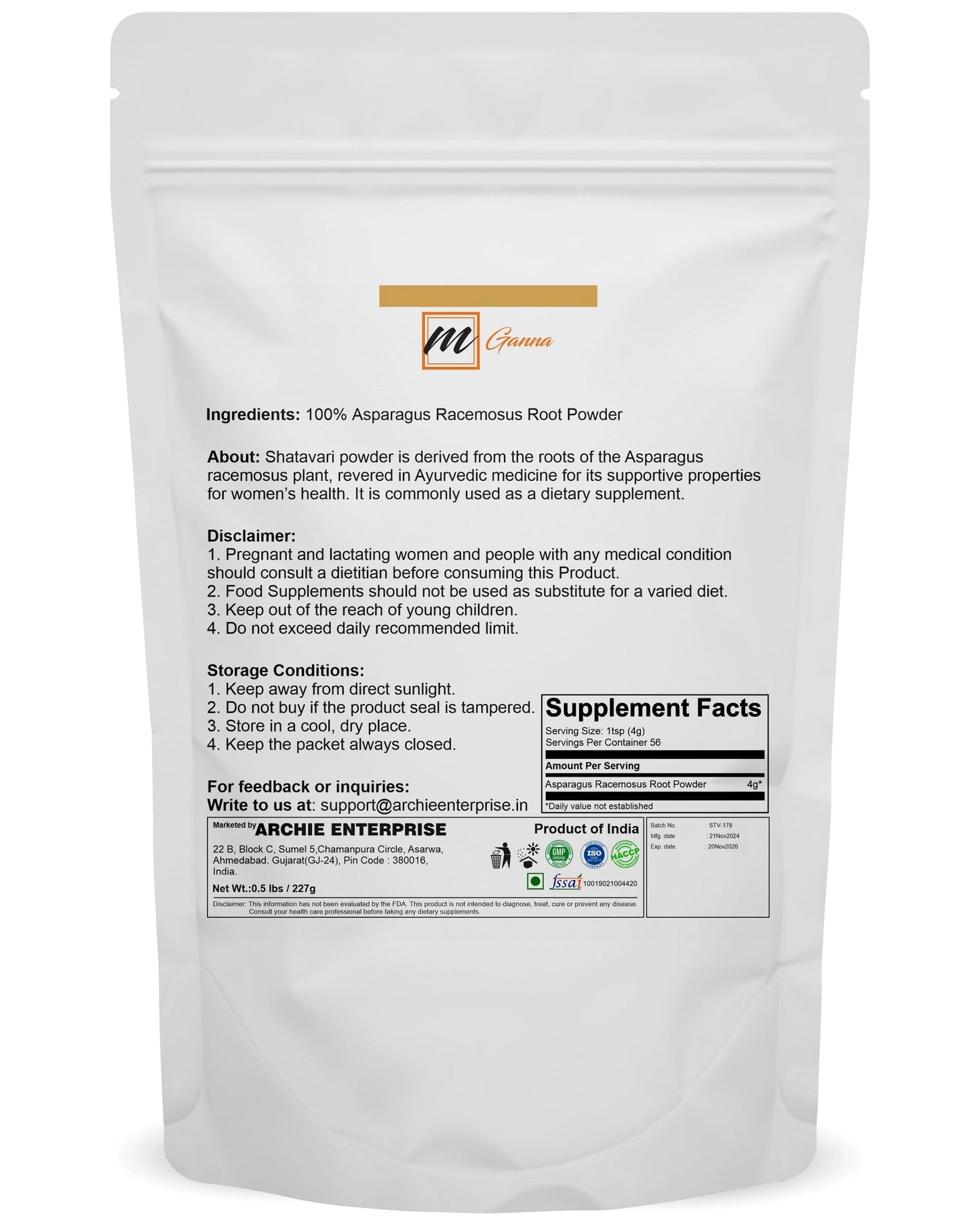mGanna Shatavari Powder/Asparagus Racemosus for Radiant Skin, Hair and Health Care 227gm / 0.5 lbs