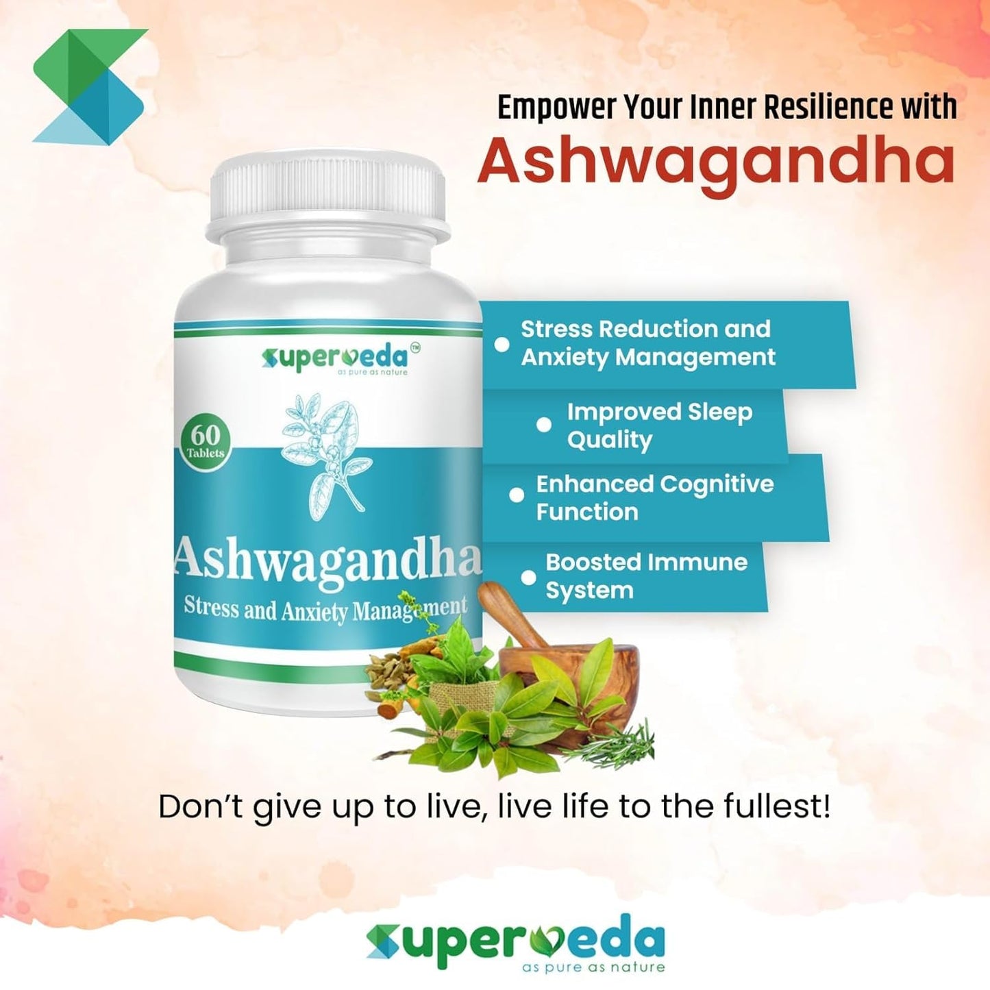 Superveda Ashwagandha 500mg | Immunity Booster | Support Strength & Energy | Helps in Stress Management, Improve Energy and Stamina | For Men & Women | 60 Capsules (Pack of 1)