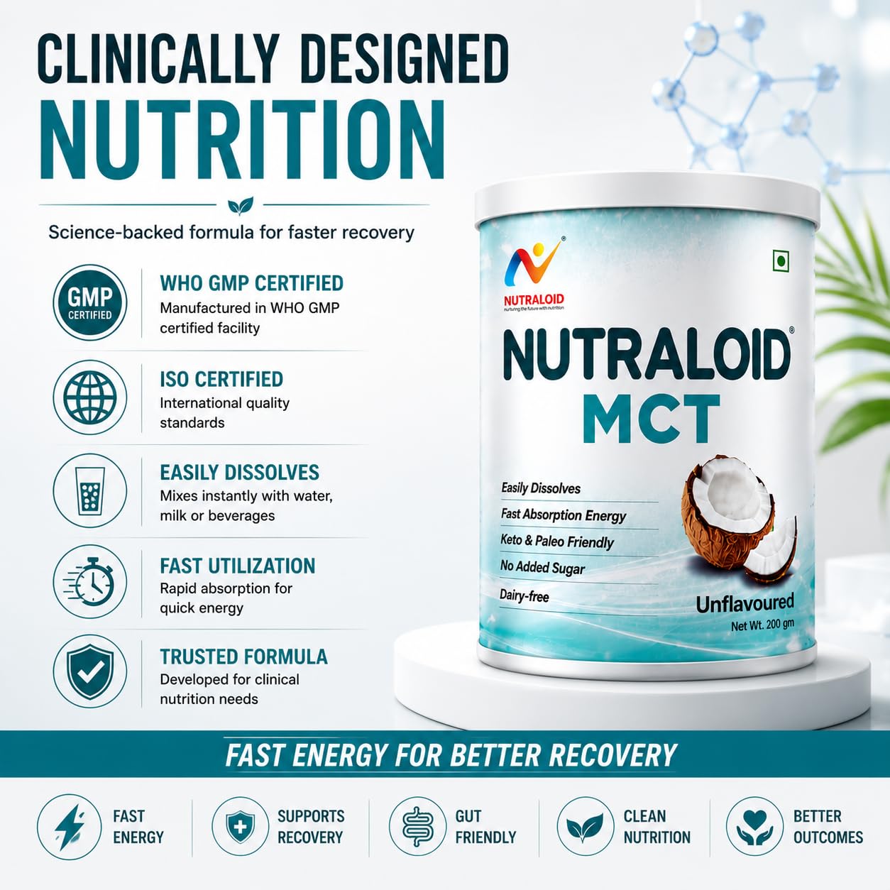 NUTRALOID MCT Powder 200g | Medium Chain Triglycerides Supplement for Instant Energy | Keto & Paleo Friendly | No Added Sugar | Dairy Free | Unflavoured Coconut MCT Powder
