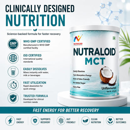 NUTRALOID MCT Powder 200g | Medium Chain Triglycerides Supplement for Instant Energy | Keto & Paleo Friendly | No Added Sugar | Dairy Free | Unflavoured Coconut MCT Powder