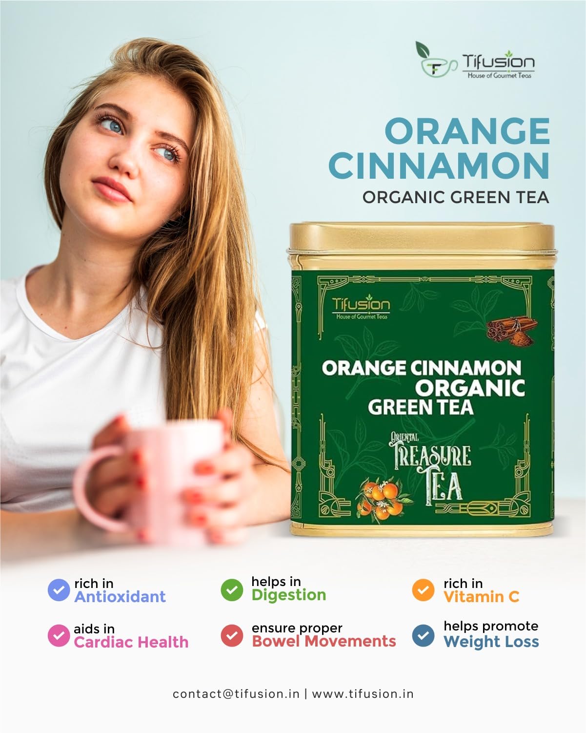 Tifusion Orange Cinnamon Organic Green Tea With Good Ingredient For Cholesterol Blood Pressure Rich in Antioxidant Vitamin C Best As Hot Drink Or Iced Cooler Garden Whole Leaf Darjeeling Tea (100 gm)