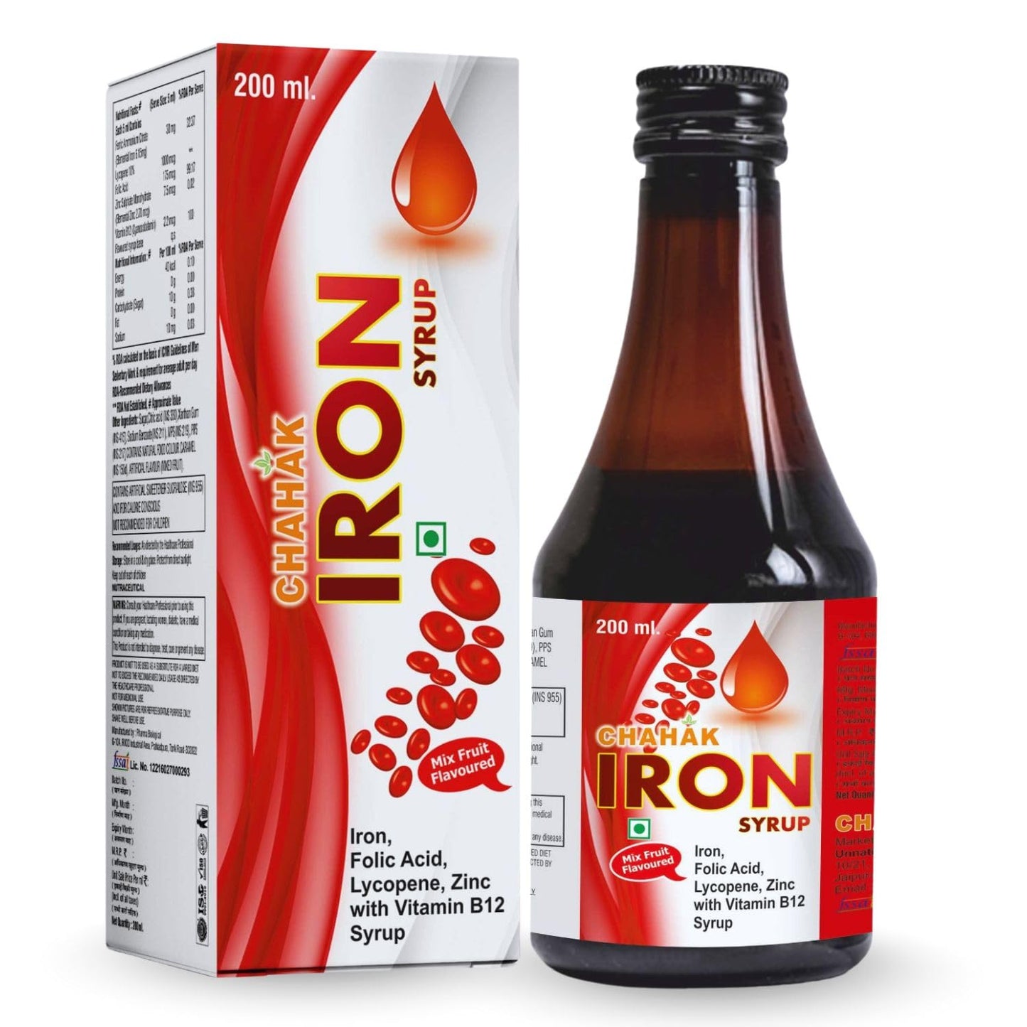 CHAHAK Iron Syrup with Folic Acid & Vitamin B12 – Hemoglobin Booster Syrup for Anemia, Fatigue & Weakness – Iron, Lycopene & Zinc Health Tonic – Mixed Fruit Flavour – 200 ml (Pack of 2)