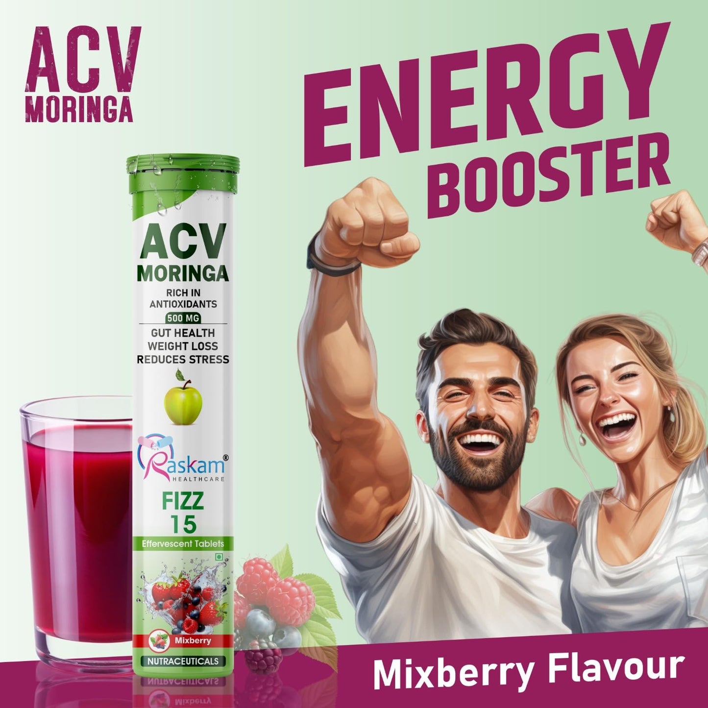 Raskam ACV Moringa Effervescent Tablets | Fizz 15 Tablets in Mixberries Flavour | Natural Energy & Immunity Booster with Antioxidants to Control Cravings | 500mg (Pack of 1)
