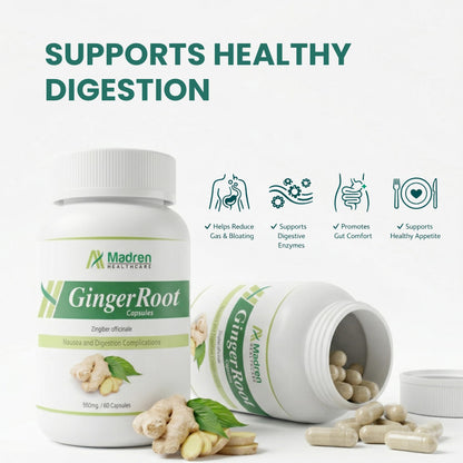 Madren Healthcare Ginger Root Extract 550mg Capsules with 5% Gingerols | Herbal Digestive Wellness Supplement | Supports Daily Wellness & Gut Comfort | Vegan | Non-GMO | 60 Veg Capsules