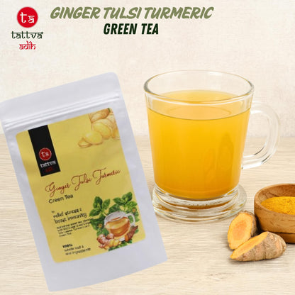 Tattva Adih Ginger Tulsi Turmeric Green Tea 100g 60+ Cups | For Immunity Boosting, Digestion and Sore Throat | 100% Whole Leaf green Tea (100 grams (Ziplock Pouch))