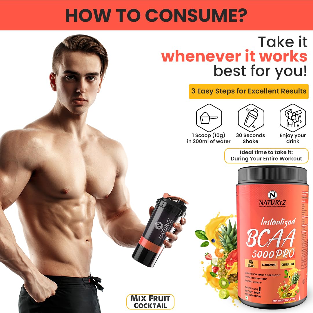 NATURYZ Instantized BCAA 5000 PRO |5G Vegan BCAAs | Glutamine | Citrulline | Electrolytes | 0 Added Sugar | Powerful Intra Workout Amino for Lean Muscle Growth, Strength, Quick Re-Hydration & Instant Energy - 300g(Mix Fruit Cocktail)