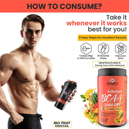 NATURYZ Instantized BCAA 5000 PRO |5G Vegan BCAAs | Glutamine | Citrulline | Electrolytes | 0 Added Sugar | Powerful Intra Workout Amino for Lean Muscle Growth, Strength, Quick Re-Hydration & Instant Energy - 300g(Mix Fruit Cocktail)