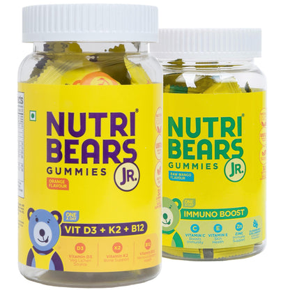NutriBears Kids Vitamin D and Immne Gummies for Kids and Teens, Combo Pack of 60 Gummy Chewables, Lemon and Raw Mango Flavour, Natural Gelatin Free Vegetarian Supplement for Strong Bones and Immunity