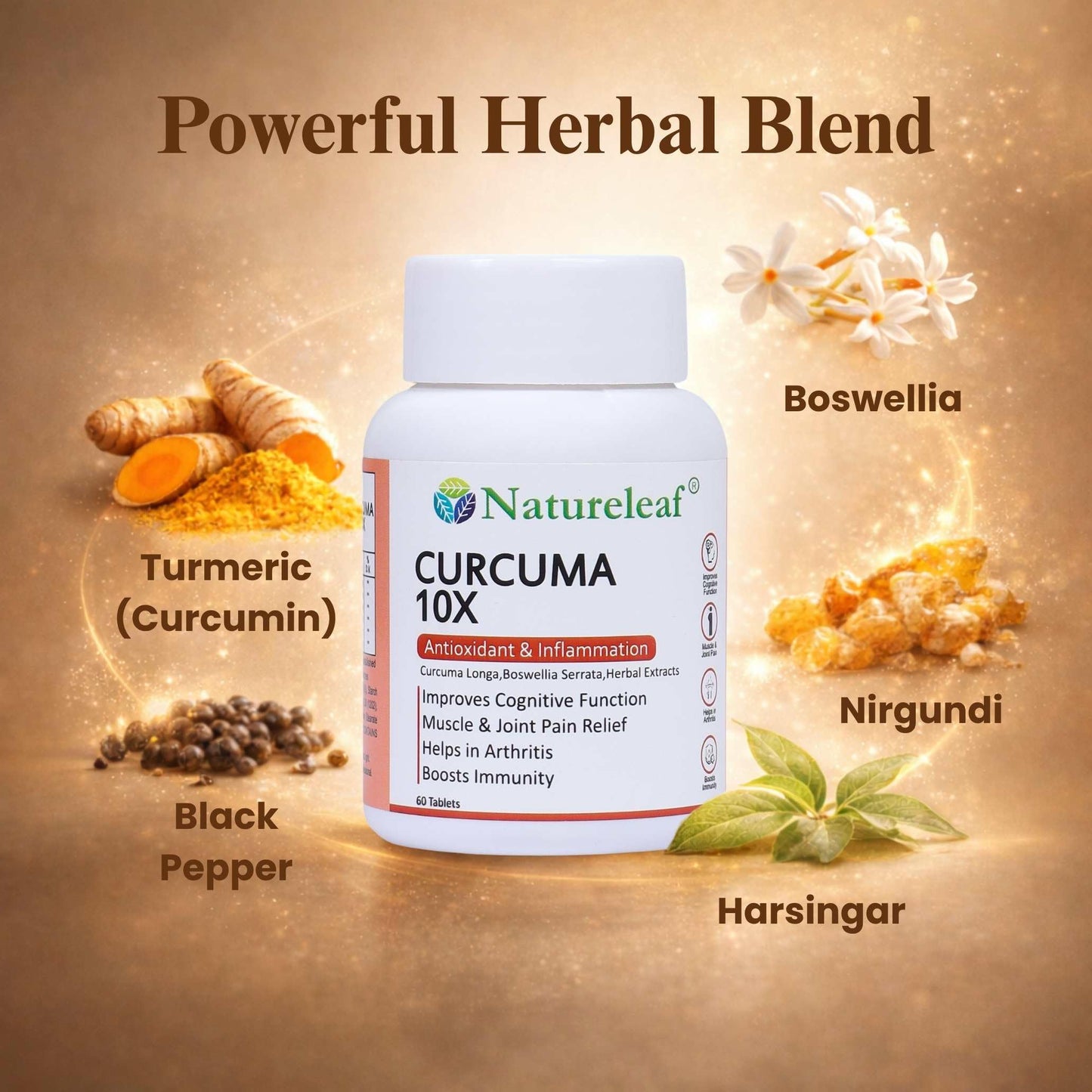 Natureleaf Curcuma10X | High Strength Curcumin Support | Joint & Mobility Support | Helps Reduce Inflammation | Supports Immunity | Enhanced Absorption Formula | 60 Tablets
