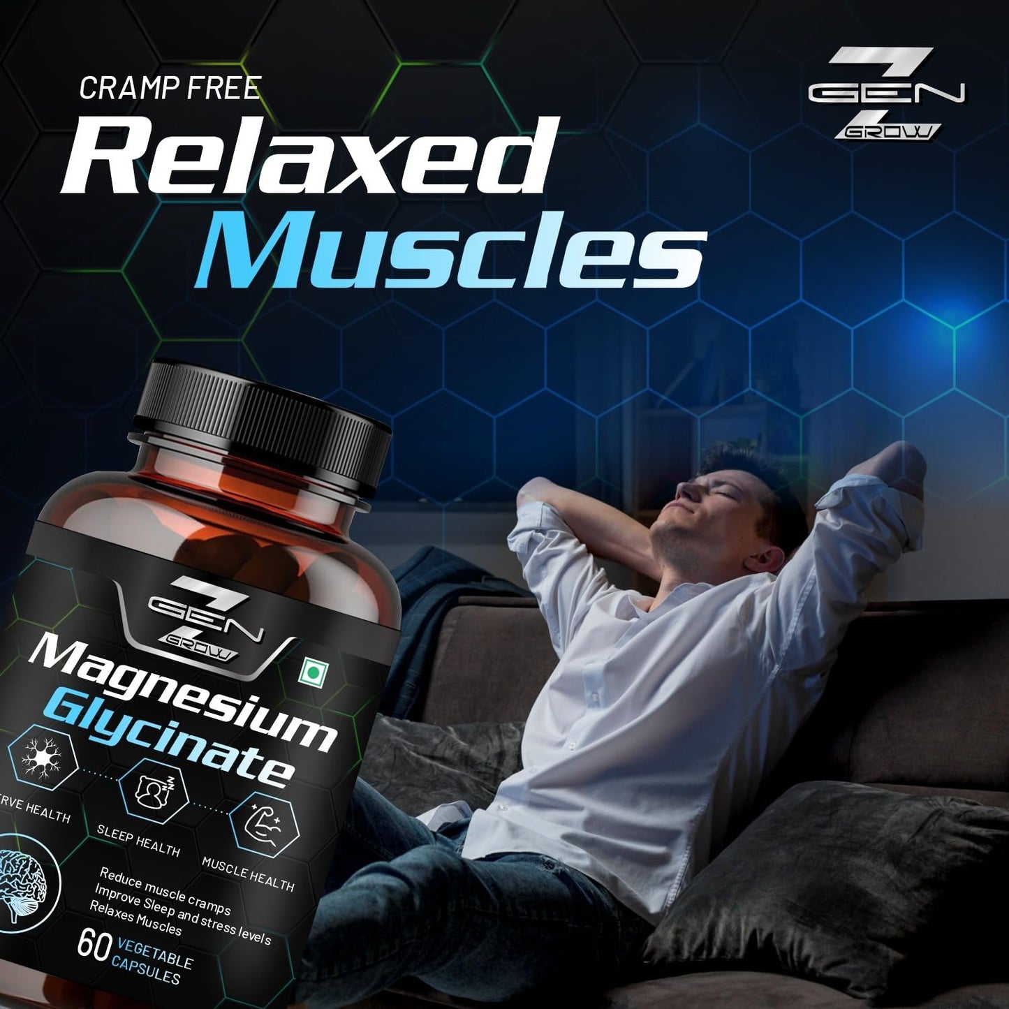 GenZ grow Magnesium Glycinate Double Strength Bisglycinate with Oxide High Absorption Formula Supports Muscle & Nerve Health 60 Veg Capsules (Pack 2)