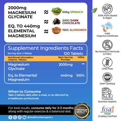 Health Veda Organics Magnesium Glycinate 2000mg per Serving | High Absorption Magnesium Supplement for Muscle Recovery, Better Sleep Support & Stress Relief | 120 Veg Tablets