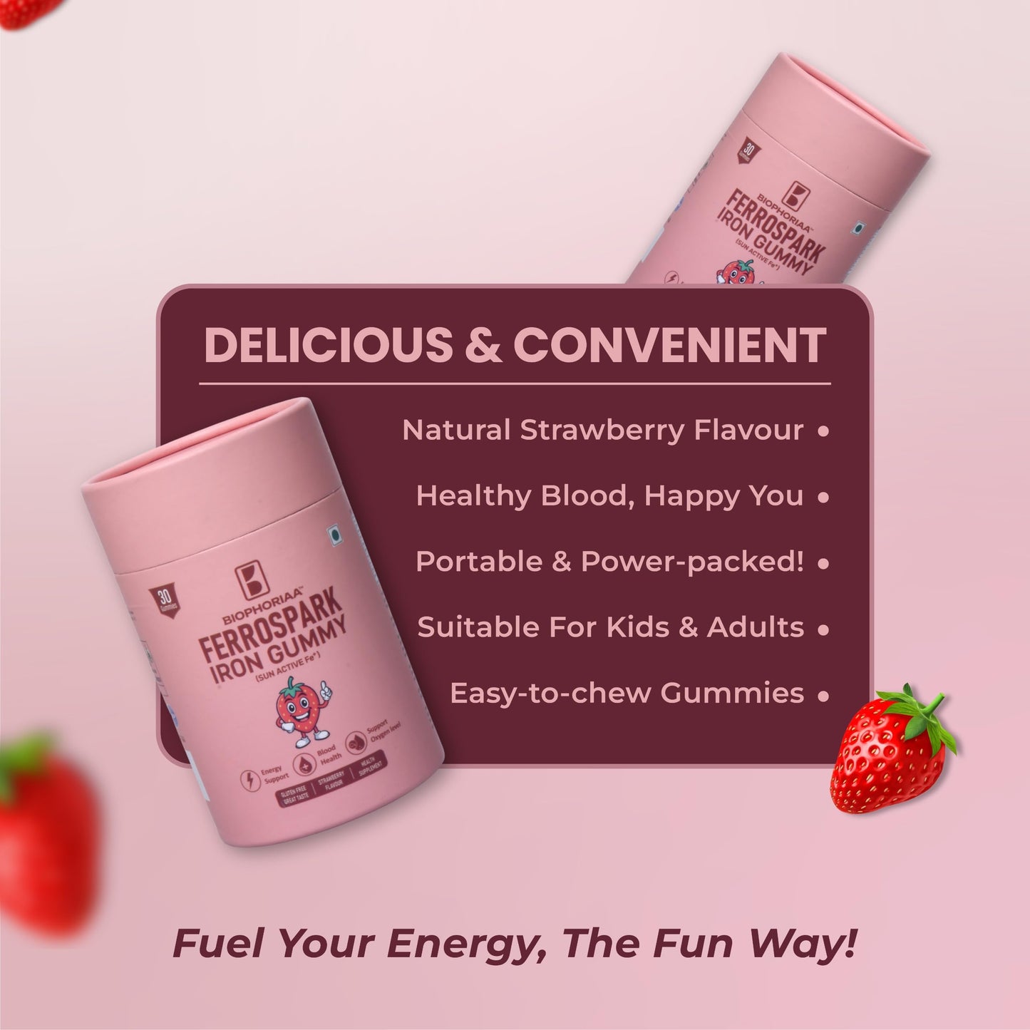 Biophoriaa Ferrospark Iron Gummies for Kids & Adults | Ferric Pyrophosphate Iron Supplement | Strawberry Flavour | Supports Energy, Hemoglobin & Immunity | 30 Gummies