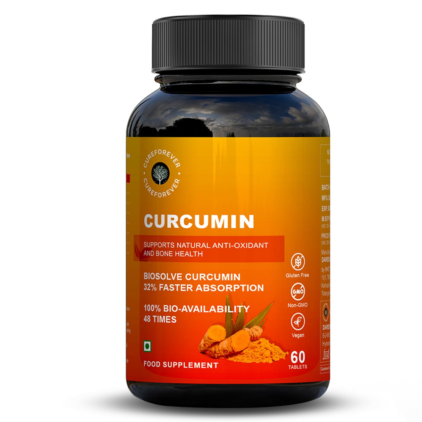 CUREFOREVER Turmeric Curcumin Tablets with BioPerine & Black Pepper Extract | High Absorption Curcumin Supplement for Joint, Immunity & Antioxidant Support | 600 mg Curcumin Blend | 60 Tablets