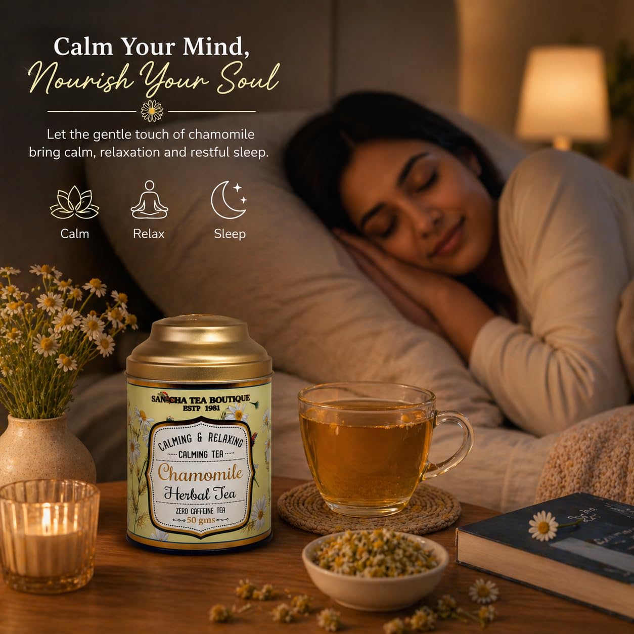 Sancha Tea Boutique, Pure Chamomile Tea, 50g Loose Leaves, Caffeine Free Herbal Tisane, Bedtime for Good Sleep, Stress Relief & Relaxation