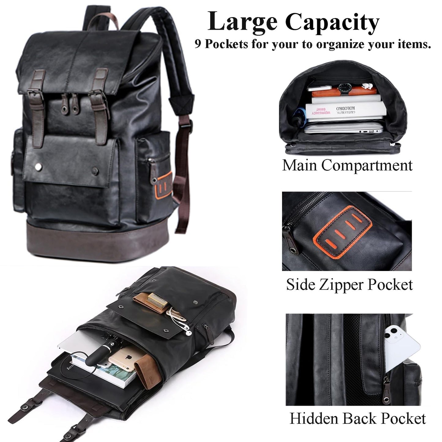 CHAO RAN Vintage Leather Laptop Backpack For Men, Men Black Leather Backpack…, Black, Large, College Travel Backapck