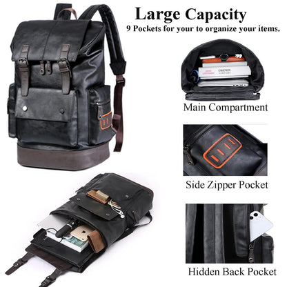CHAO RAN Vintage Leather Laptop Backpack For Men, Men Black Leather Backpack…, Black, Large, College Travel Backapck