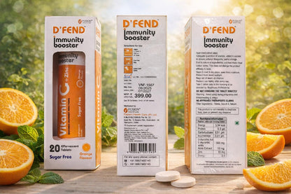 D'FEND Natural Vitamin C - 20 Effervescent Tablets, Amla Extract + Zinc for Daily Immunity | Helps to boost & Strengthens Collagen for Healthy Skin, Hair & Nails- Orange Flavour
