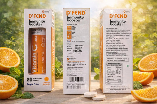 D'FEND Natural Vitamin C - 20 Effervescent Tablets, Amla Extract + Zinc for Daily Immunity | Helps to boost & Strengthens Collagen for Healthy Skin, Hair & Nails- Orange Flavour