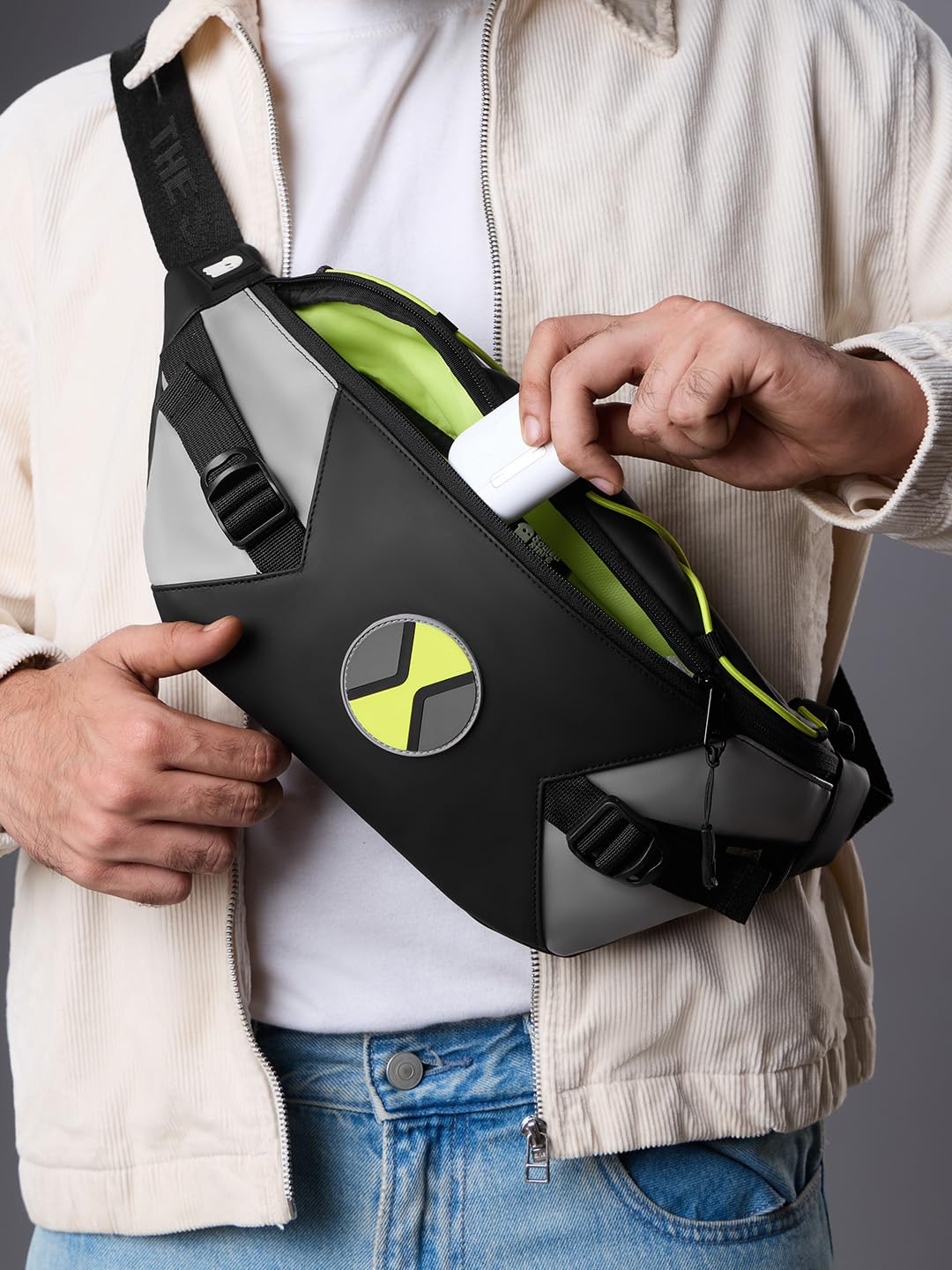 The Souled Store Ben 10: Omni Gear Fanny Pack | Official Cartoon Network Merchandise | Premium Matte PU Sleek Crossbody Waist Bag with Neon Bungee Cord & Adjustable Strap for Men & Women