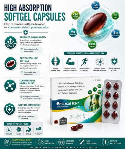 Docttray Healthcare Bmaxkal Calcium Supplement Softgel Capsules with Vitamin K2-7, Magnesium, Zinc, 10 Softgel