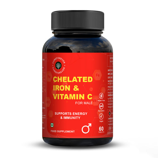 CUREFOREVER Chelated Iron & Vitamin C 60 Tablets for Men - High Absorption Iron & Vitamin C Supplements for Energy, Immunity, Skin Tiredness & Fatigue