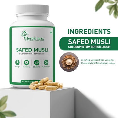 Herbal max Safed Musli Capsule for Natural Energy & Immunity Booster, Support Body Strength, Stamina, Stress Relief, Performance Enhancer for Men & Women – 800mg (60 Veg Cap