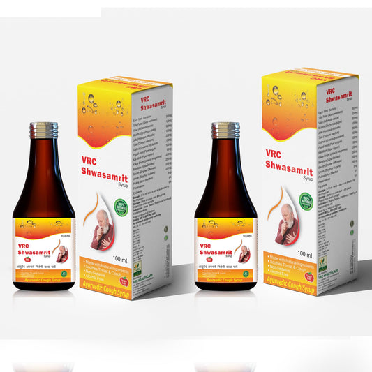 VRC Healthcare Shwasamrit Syrup 100ml | Ayurvedic Supplement with Tulsi, Pippali & +14 Herbs | Relief from Dry, Soothes Throat Irritation & Cold Cough | Non-Sedative & Non-Alcoholic Syrup (Pack of 2)