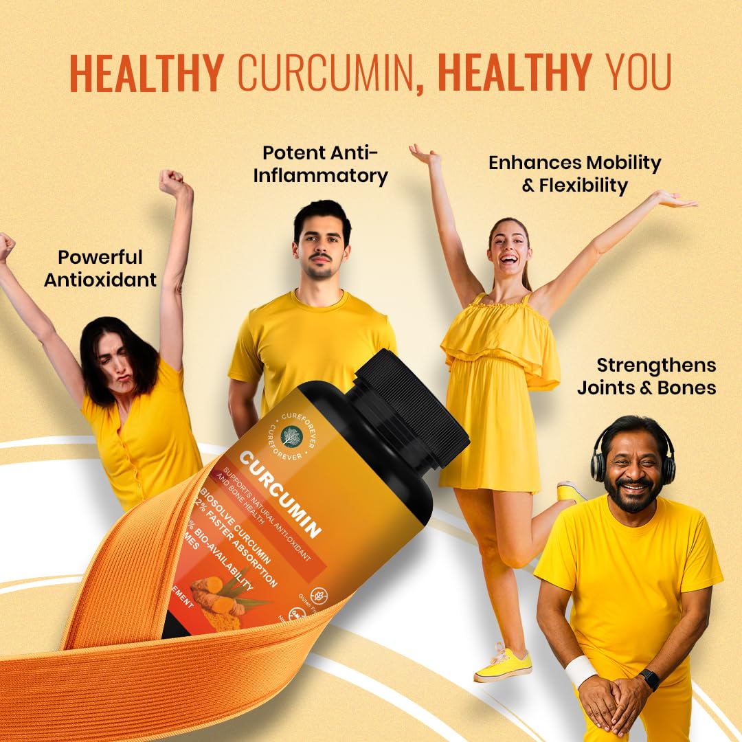 CUREFOREVER Turmeric Curcumin Tablets with BioPerine & Black Pepper Extract | High Absorption Curcumin Supplement for Joint, Immunity & Antioxidant Support | 600 mg Curcumin Blend | 60 Tablets