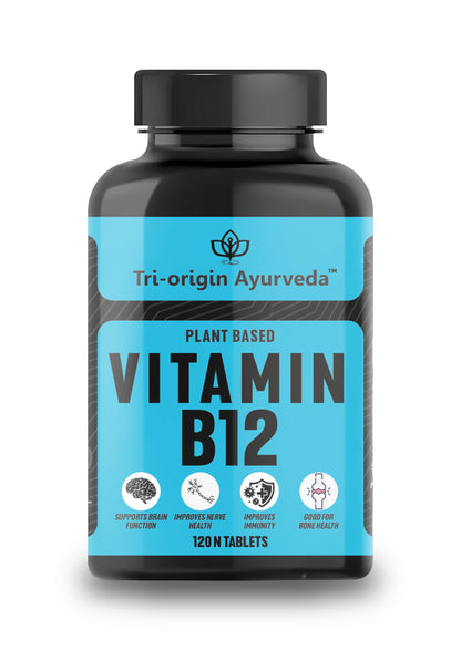 Premium Tri-Origin Ayurveda Plant-Based Vitamin B12 Supplement - 60-Day Supply - Crafted with Nature's Ayurvedic Herbs and Green Foods - Supports Nerve and Brain Health, Promotes Stress Relief