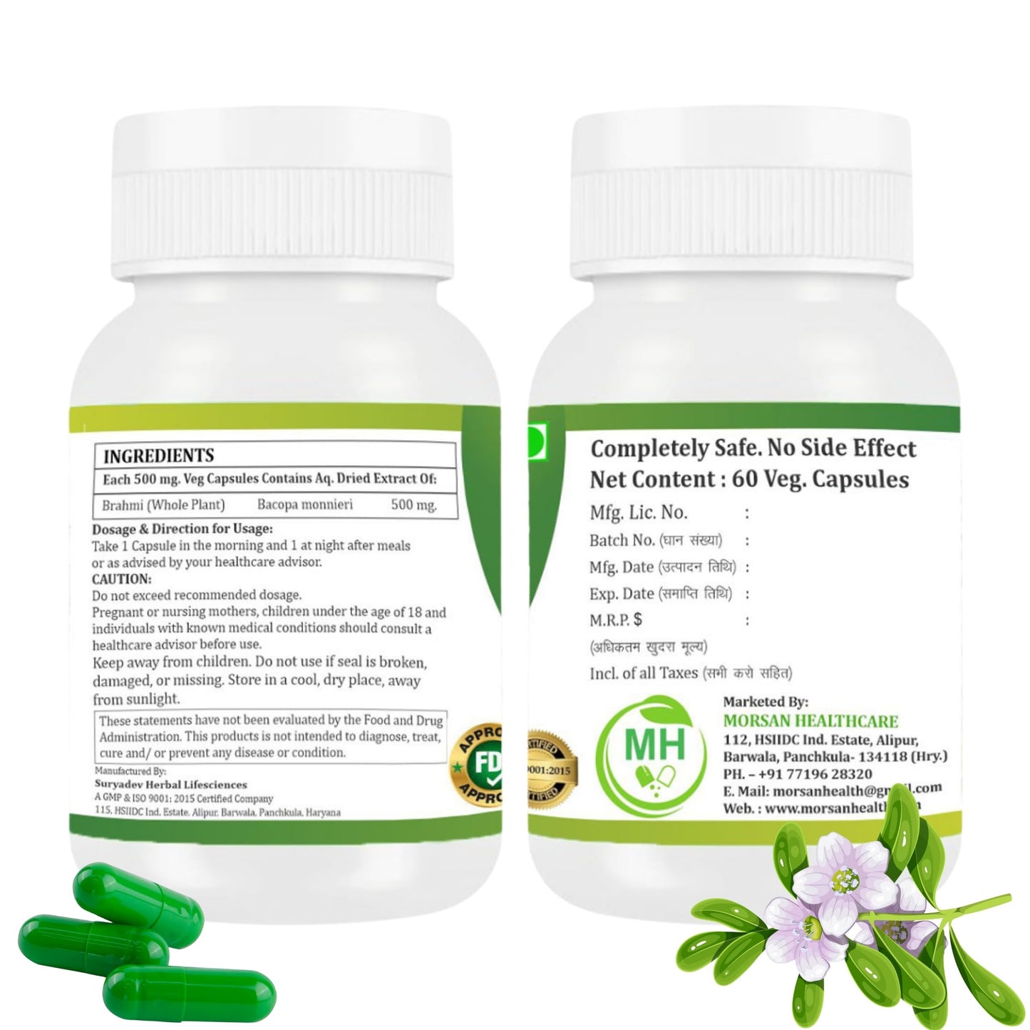 Morsan healthcare Brahmi Capsules 500 mg – 60 Veg Capsules x 2 Pack | Bacopa Monnieri | Herbal Supplement | Vegan Extract | No Additives or Preservatives, plant bsed