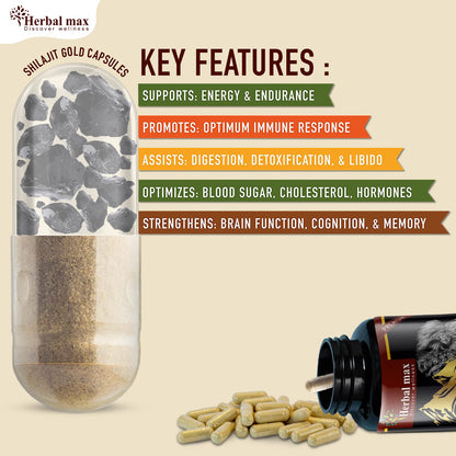 Herbal Max Himalayan Shilajit Gold – 800mg | 30 Capsules | With Ashwagandha, Safed Musli & More | Boosts Strength, Stamina, Energy & Immunity | Ayurvedic Supplement for Men