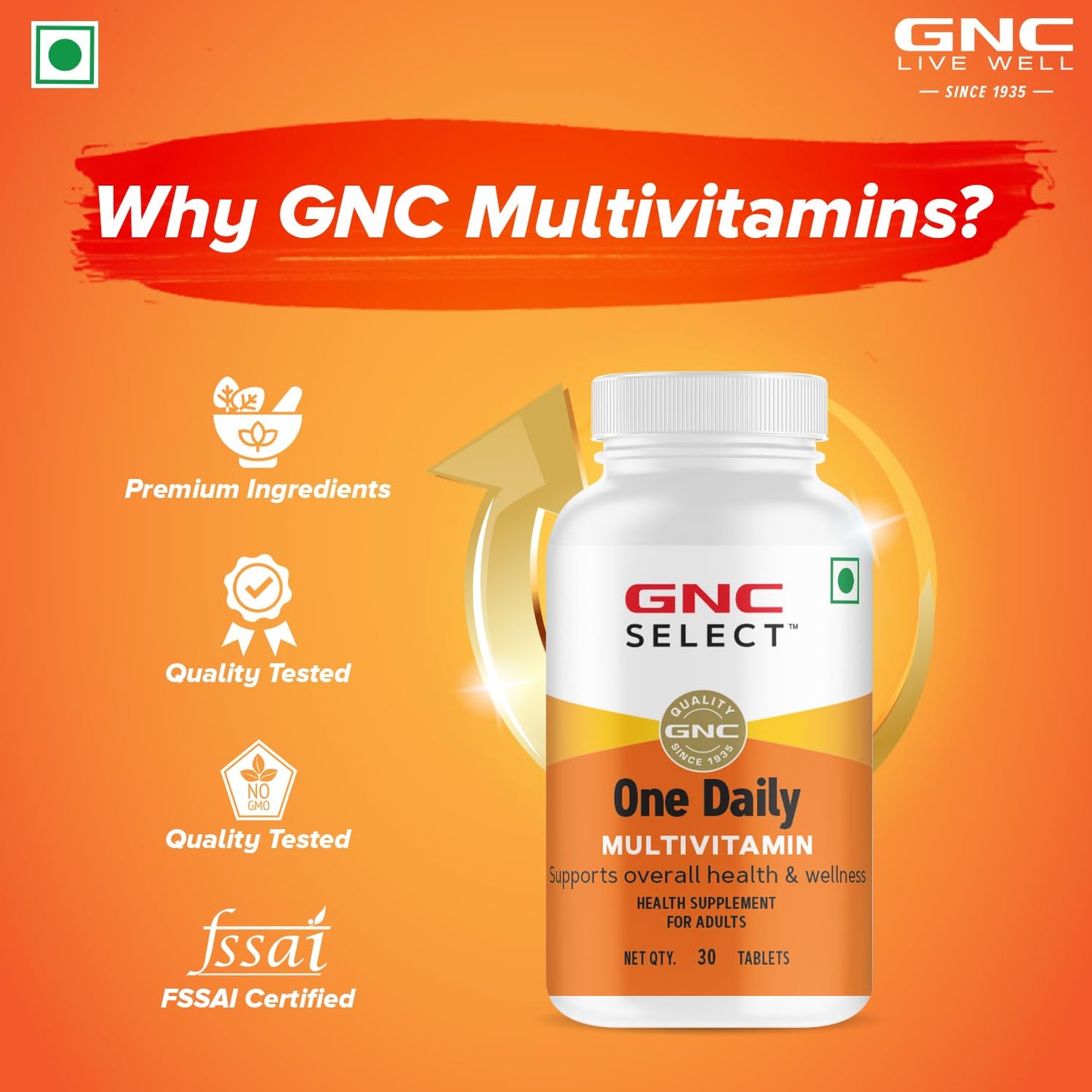 GNC One Daily Veg Multivitamins |Unisex | 30 Tablets| Supports Overall Health & Wellness | With Zinc, Copper | Vitamin B12, A, C & D3| Imported| Formulated In USA