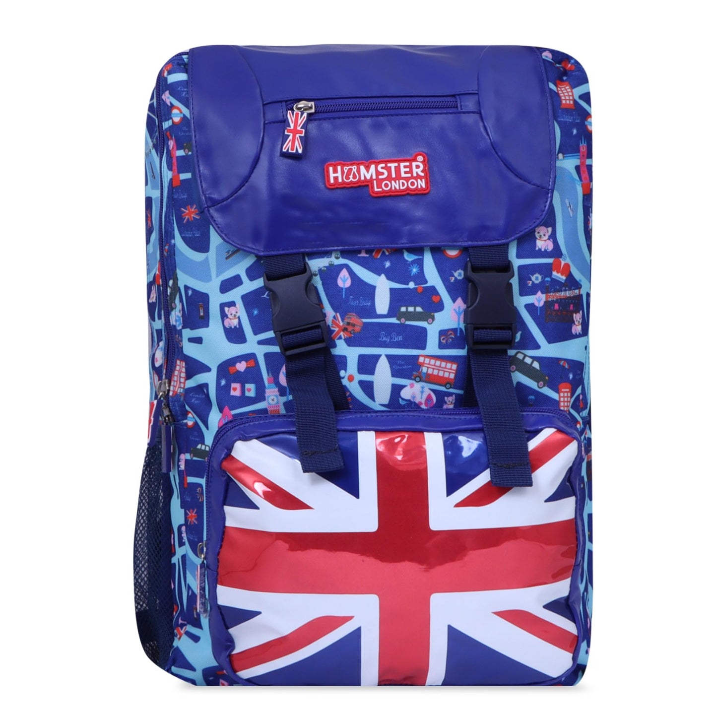 HAMSTER LONDON Royal London Backpack Jumbo – 15.9L Spacious & Stylish Blue Back| Durable PU Material, Water-Resistant | 3 Zipped Compartments & Padded Straps(L12cm x W5cm x H17cm)