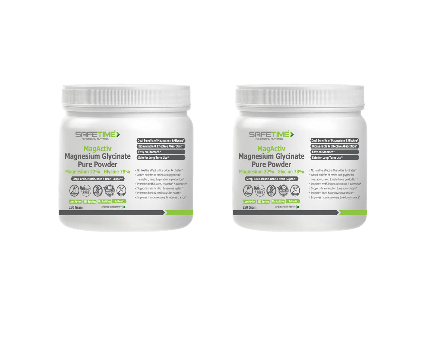 Safetime MagActiv MAGNESIUM GLYCINATE PURE POWDER 250 GRAM, 22% Magnesium 78% lLycine, Heart, Sleep, Bone,Metabolism, Migraine, Relaxation, Stress Support (250 gram) (Pack of 2)