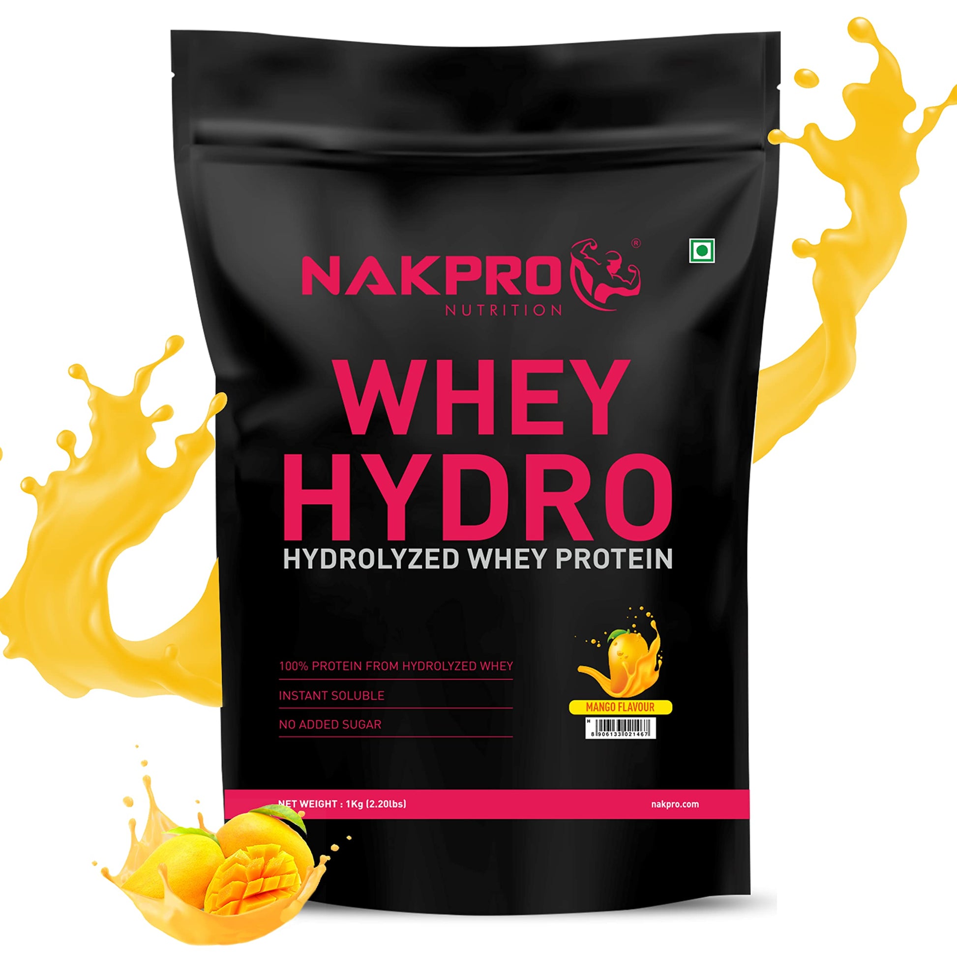 Nakpro HYDRO Whey Protein Hydrolyzed | 25.4g Protein, 5.8g BCAA | 1Kg Mango Flav