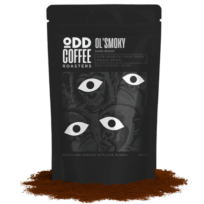 ODD COFFEE ROASTERS Ol' Smoky 100% Arabica Roasted Coffee Powder 250 gms Dark Roast | AAA Grade Specialty Beans | Bold Intense Smoky Notes | Single Origin Ground Coffee Powder for Pourover