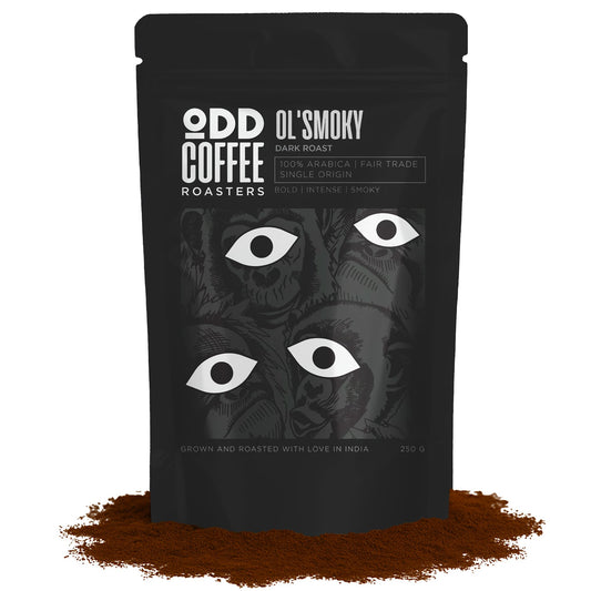 ODD COFFEE ROASTERS Ol' Smoky 100% Arabica Roasted Coffee Powder 250 gms Dark Roast | AAA Grade Specialty Beans | Bold Intense Smoky Notes | Single Origin Ground Coffee Powder for Pourover