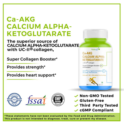 Haleup Calcium AKG Supplement with UC-II collagen | Calcium Alpha-Ketoglutarate for Cellular Energy, Bone Strength, Muscle Recovery|Healthy Ageing (1 pack X 30s count)