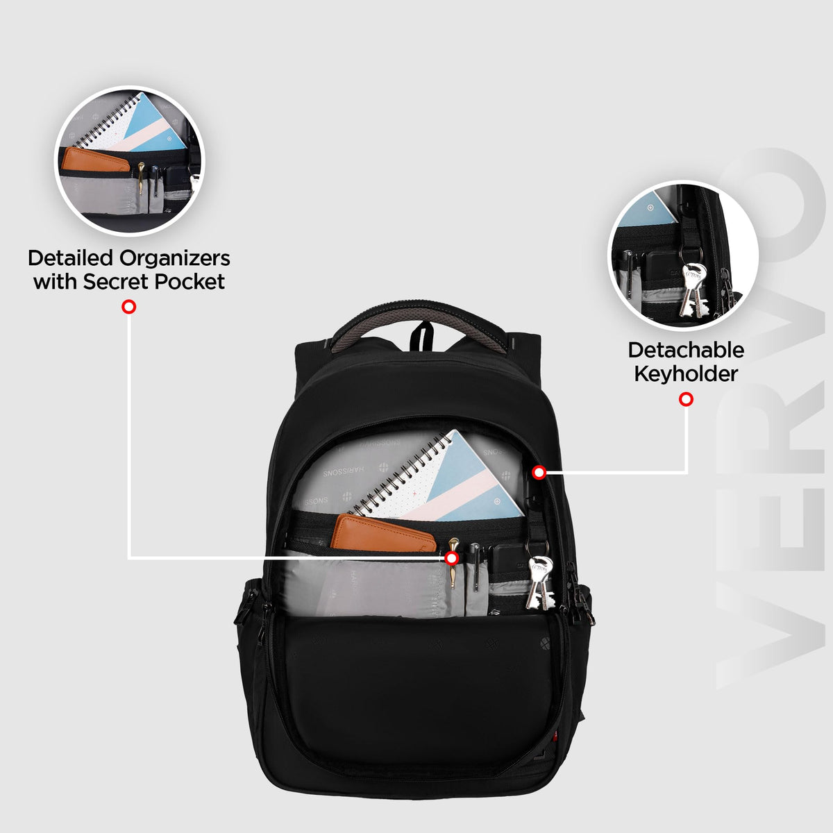 HARISSONS Vervo 40L Waterproof Laptop Backpack for Men & Women | Fits 15.6" Laptop with Sternum Strap, Quick Access Pocket, Detachable Key Holder, Organized Compartments & Raincover (Black)
