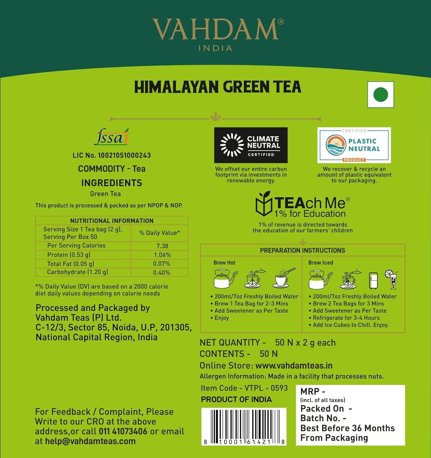 VAHDAM, Organic Himalayan Green Tea Bags (50 Green Tea Bags) Non-GMO, Gluten Free | Naturally High Grown Green Tea | Earthy & Smooth | Resealable Ziplock Pouch | Plant - Based Pyramid Teabags